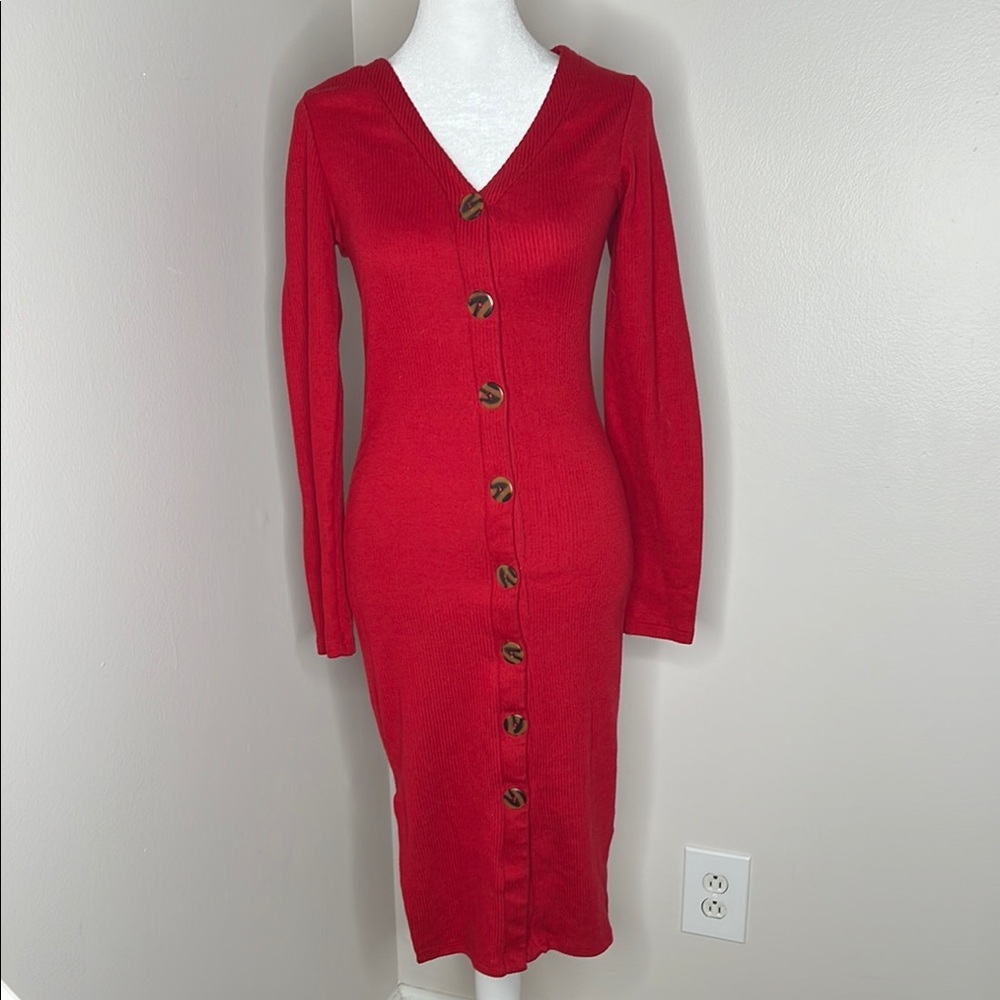 Fashion Nova Red Long Sleeve Ribbed Sheath Dress